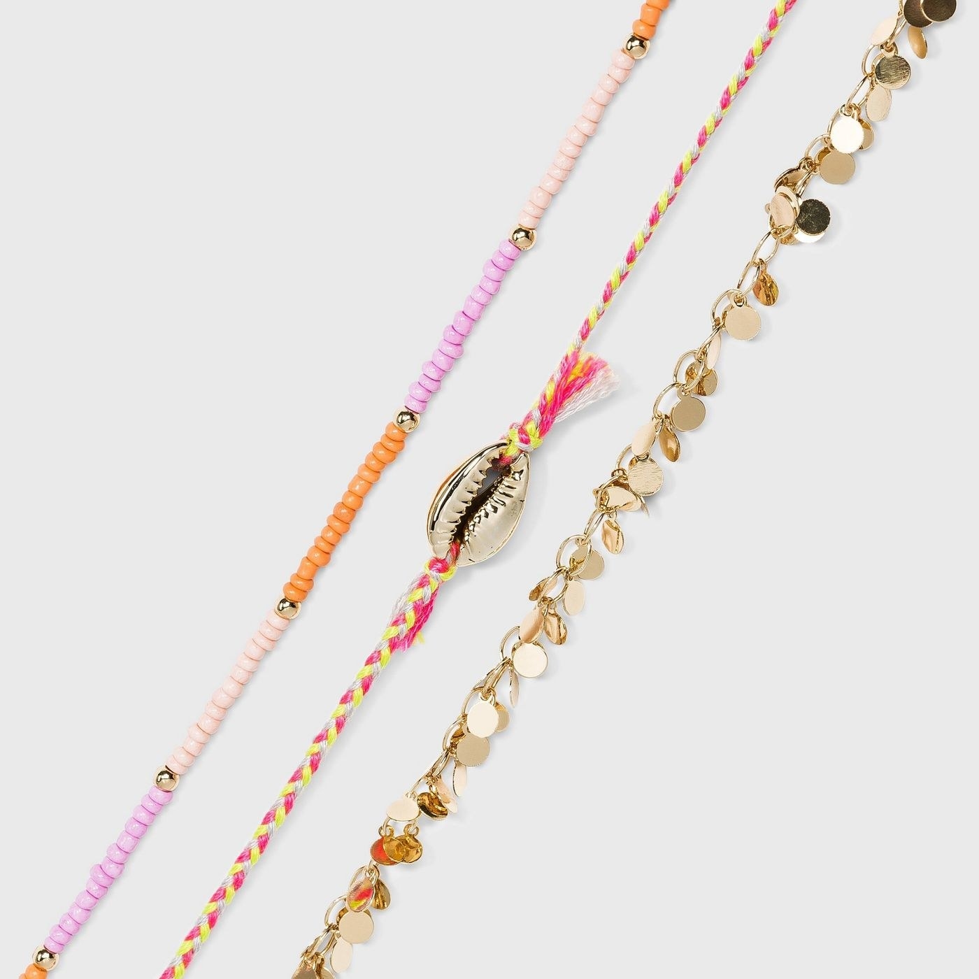 Three anklets with gold cord and colorful beads