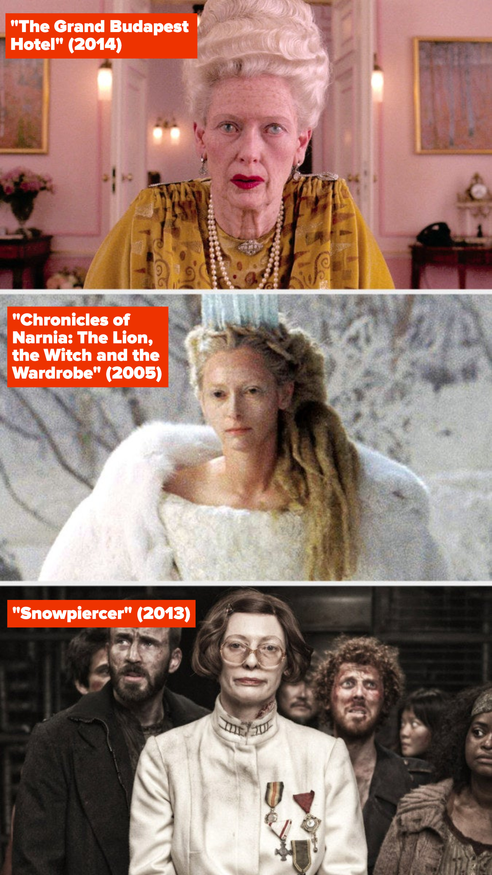 Tilda Swinton in "The Grand Budapest Hotel," "The Chronicles of Narnia," and "Snowpiercer"