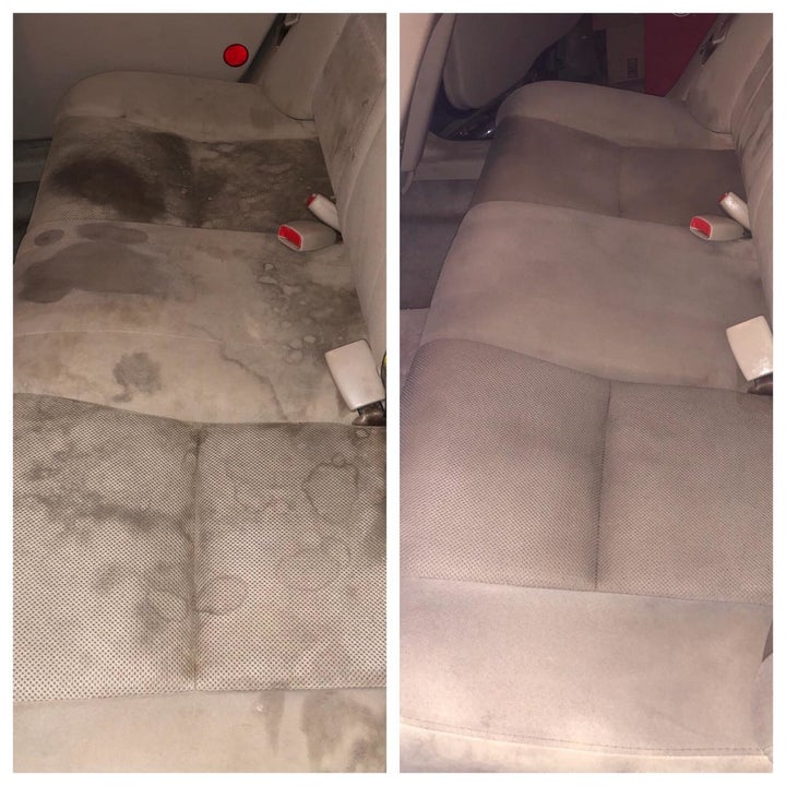 A before and after of a stained row of car seats and then the stains pretty much completely gone