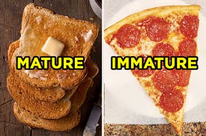 On the left, slices of buttered toast labeled "mature," and on the right, a slice of pepperoni pizza labeled "immature"