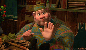 a gif of the shop owner from frozen waving hello