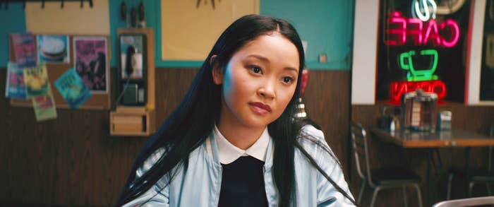 Lana Condor, wearing a jacket and blouse, in To All the Boys I&#x27;ve Loved Before