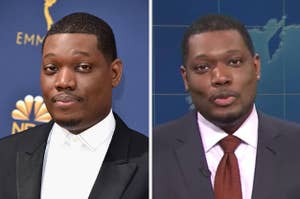 Michael Che posing on the red carpet next to an image of him on Weekend Update
