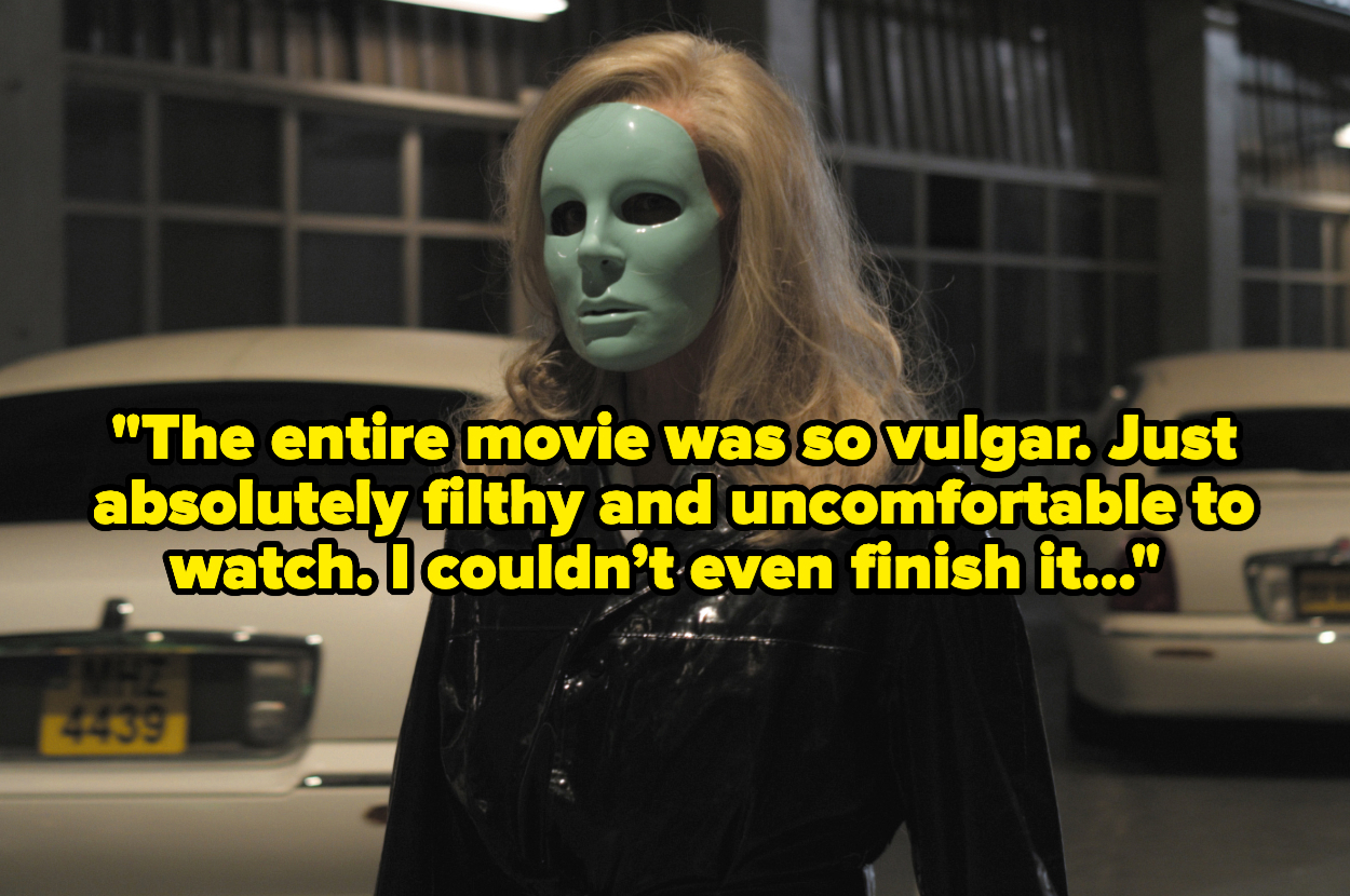 Holy Motors with text reading, "The entire movie was so vulgar Just absolutely filthy and uncomfortable to watch I couldn’t even finish it"