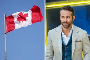 On the left, the Canadian flag flying in the wind, and on the right, Ryan Reynolds, a Canadian icon