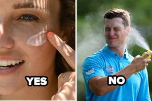 woman spreading sunscreen on her face labeled "yes" and man spraying sunscreen on his face labeled "no"