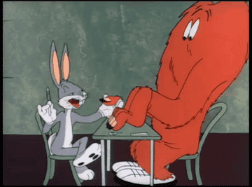 Bugs Bunny giving a manicure to a large fluffy monster 