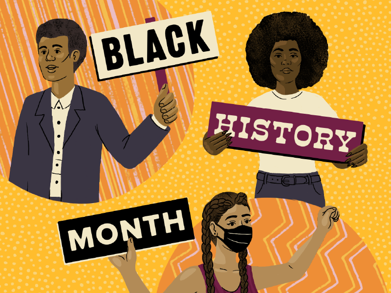 Graphic of three people (one of whom is wearing a face mask) holding up signs that together say Black History Month