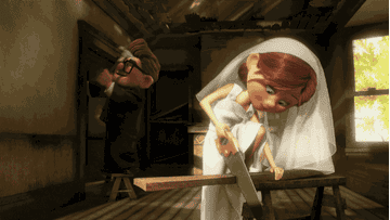A GIF from the movie Up. Carl and Ellie are sawing planks of wood and hammering nails .