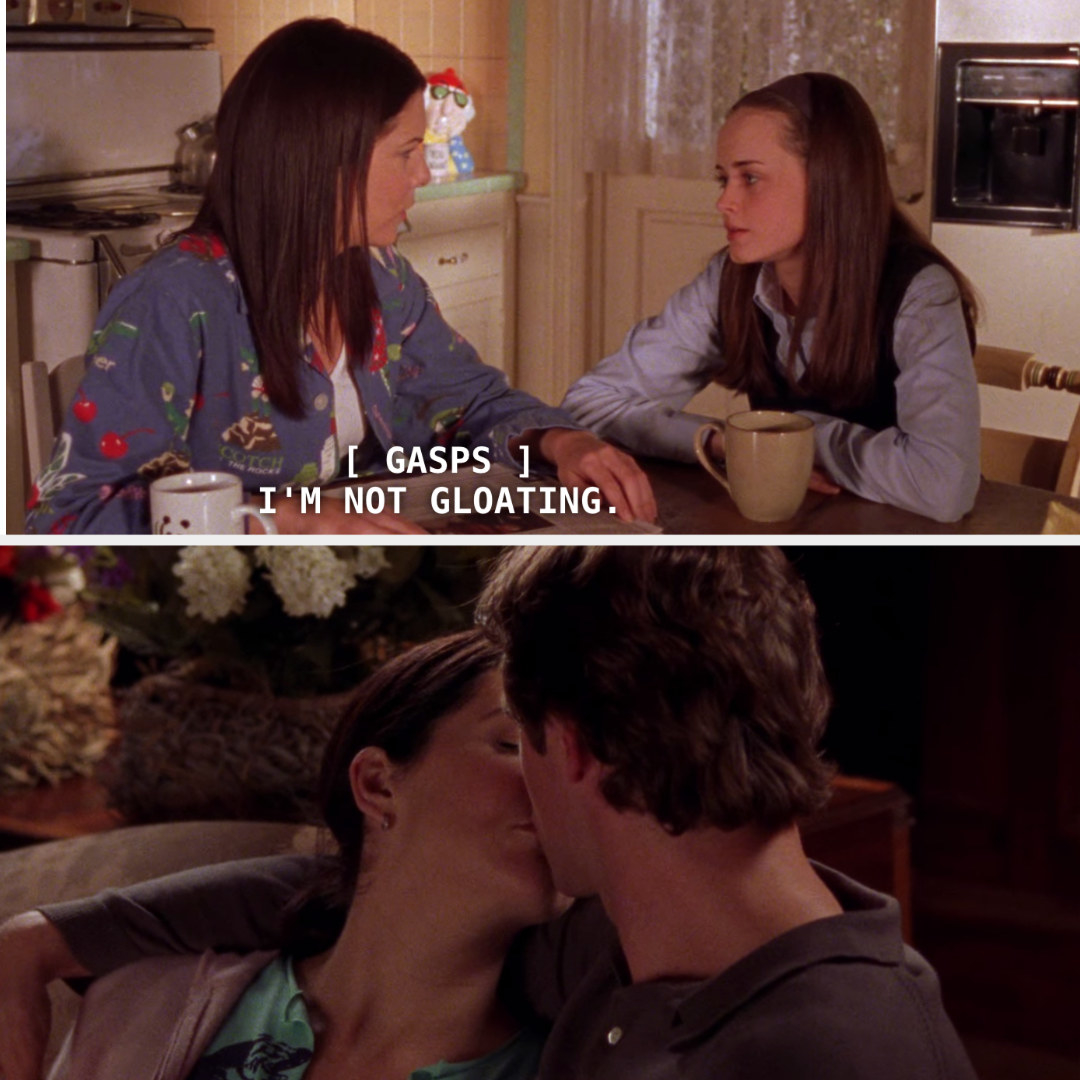 Lorelai talking about her relationship with Christopher to Rory; Lorelai and Christopher kissing