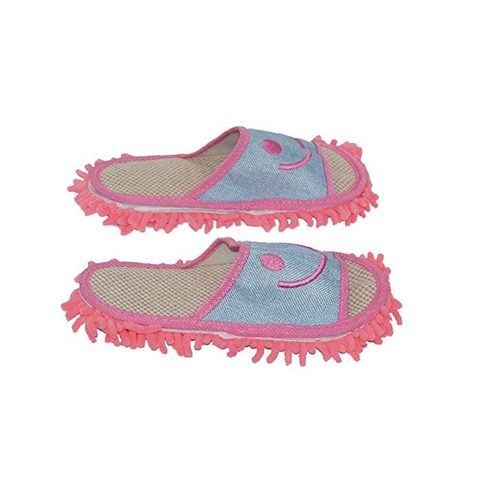 Pink mop slippers.