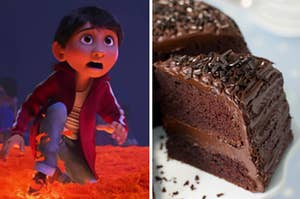 Miguel is on the left looking surprised with a slice of chocolate cake on the right