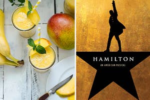 Two glasses of mango smoothies are on the left with the "Hamilton" soundtrack on the right