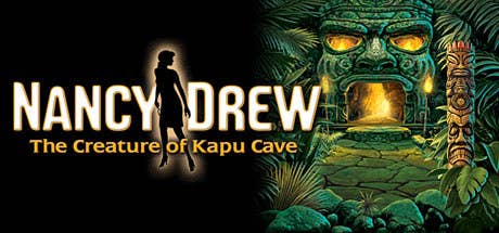 cover of the game nancy drew Creature of Kapu Cave which is a giant stone shaped into the face of a person with glowing eyes