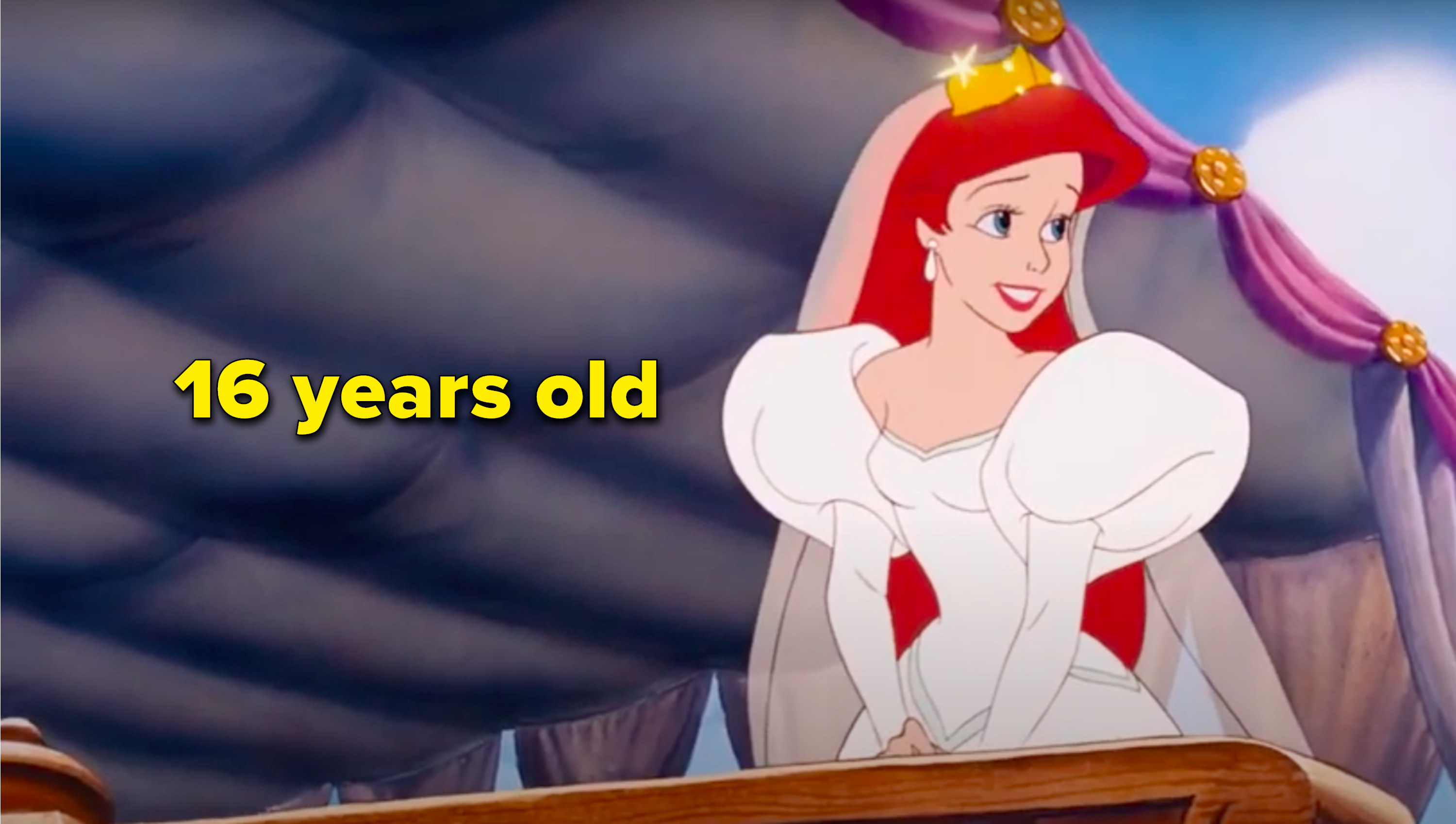 Ariel in her wedding dress with &quot;16 years old&quot; written next to her