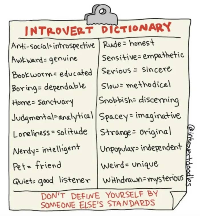 An introvert dictionary with typical words associated with an introvert and their alternative meanings (eg: bookworm = educated).