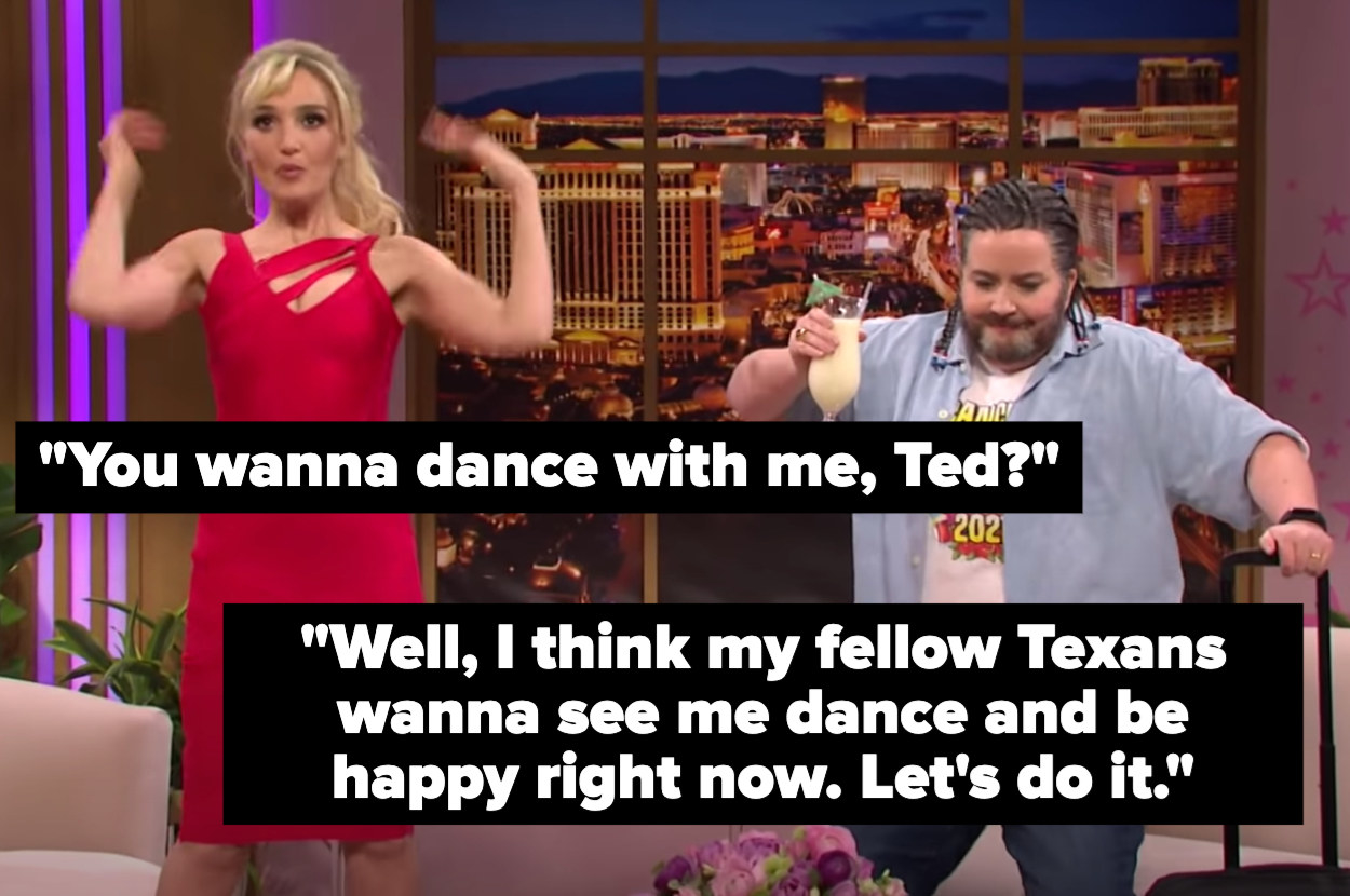 "Britney" says, "You wanna dance with me, Ted?" "Ted" says, "Well, I think my fellow Texans wanna see me dance and be happy right now. Let's do it"