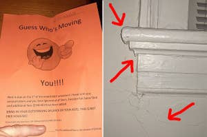 A "guess who's moving? You" flyer from a landlord, and a badly painted shelf
