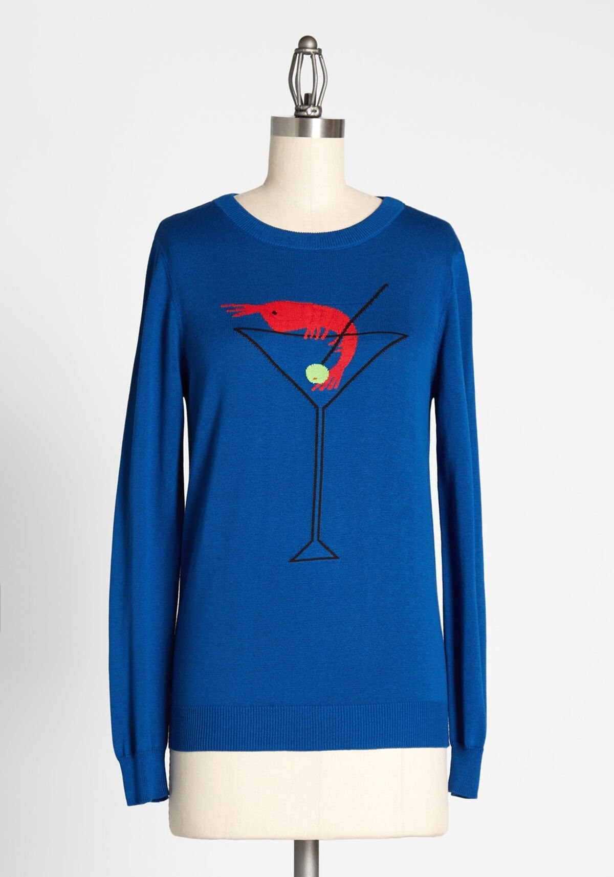 a blue sweater with a shrimp cocktail design on it