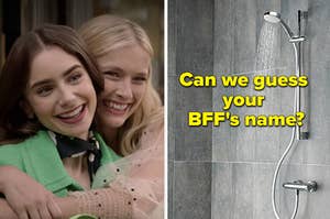 Two young adults are on the left hugging with a shower on the right labeled, "Can we guess your BFF's name?"