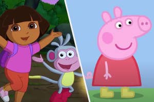Dora is on the left jumping with Peppa the Pig smiling on the right