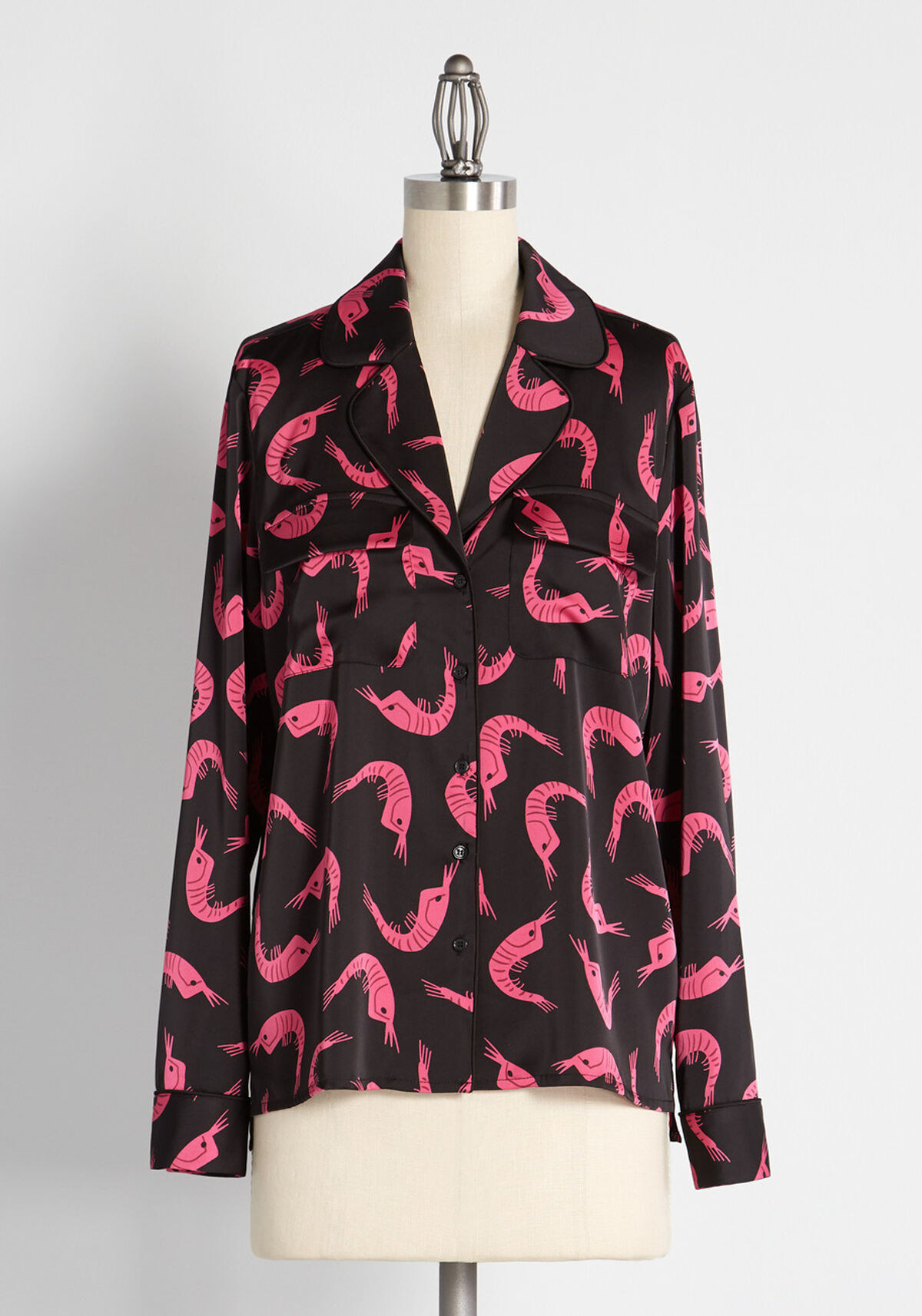 Black blouse with pink shrimp print