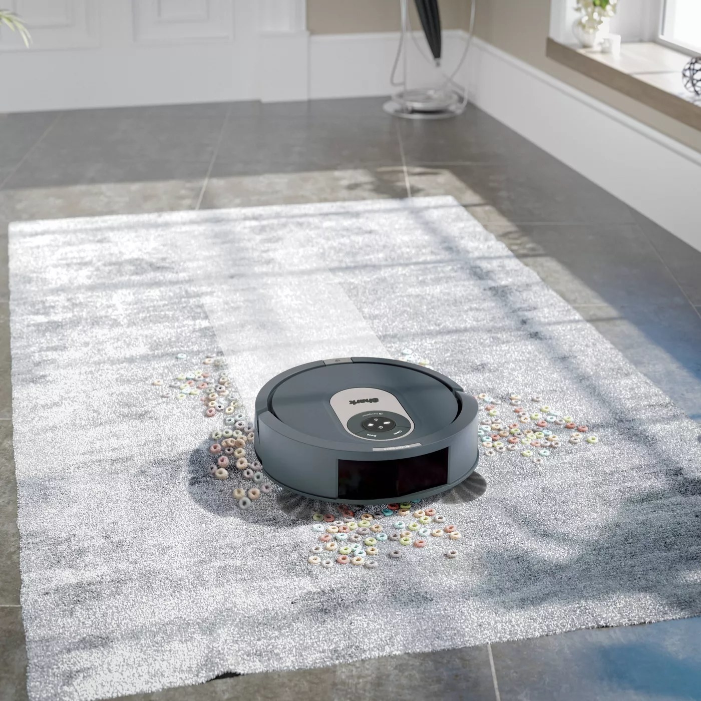 The Shark robot vacuum cleaning up cereal