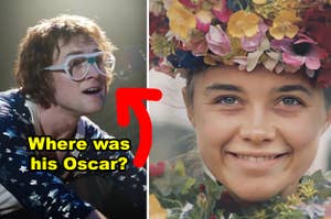 Side-by-side of Taron Egerton in "Rocketman" and Florence Pugh in a flower crown in "Midsommar"