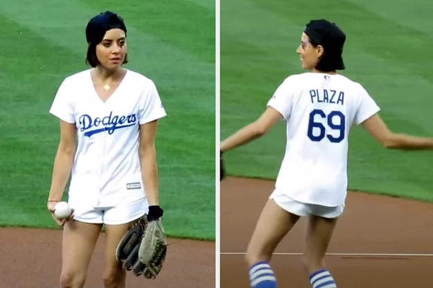 Aubrey throwing out the first pitch at a Dodgers game in a 69 jersey