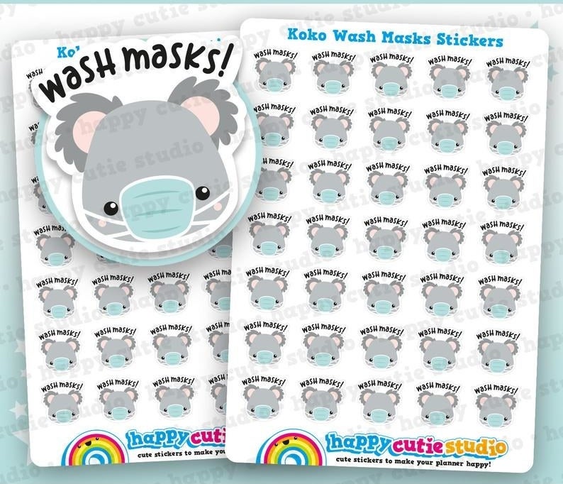 sheets of small stickers featuring a koala face wearing a mask with the text &quot;wash masks!&quot;
