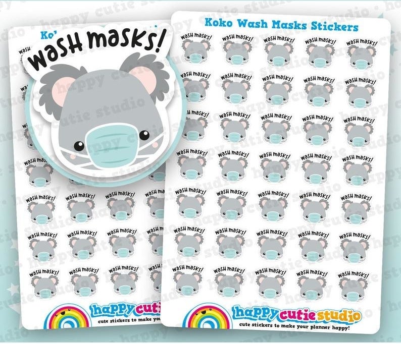 sheets of small stickers featuring a koala face wearing a mask with the text "wash masks!"