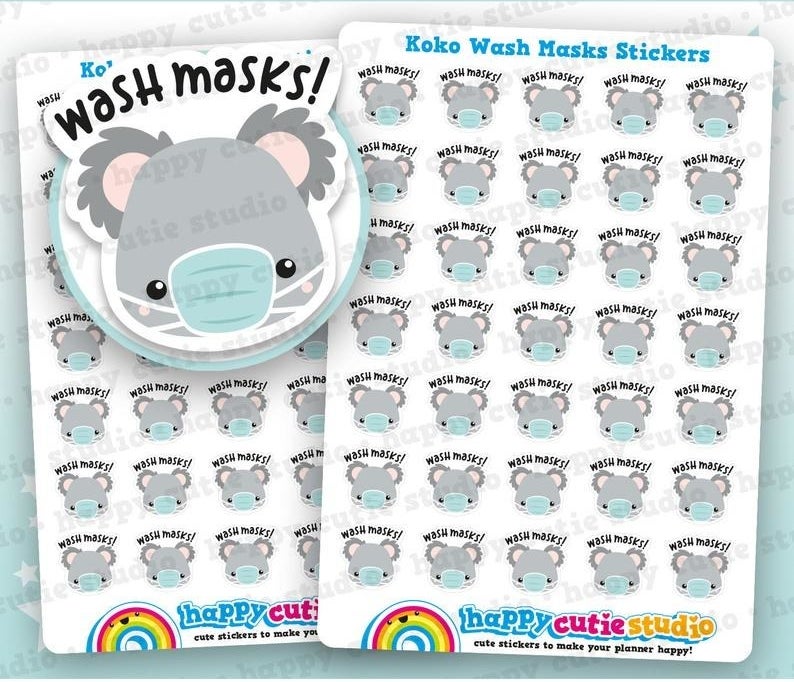 sheets of small stickers featuring a koala face wearing a mask with the text &quot;wash masks!&quot;