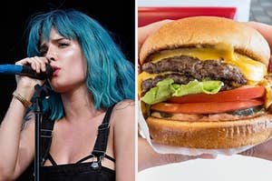 Halsey performs at her concert and a burger from In n Out.