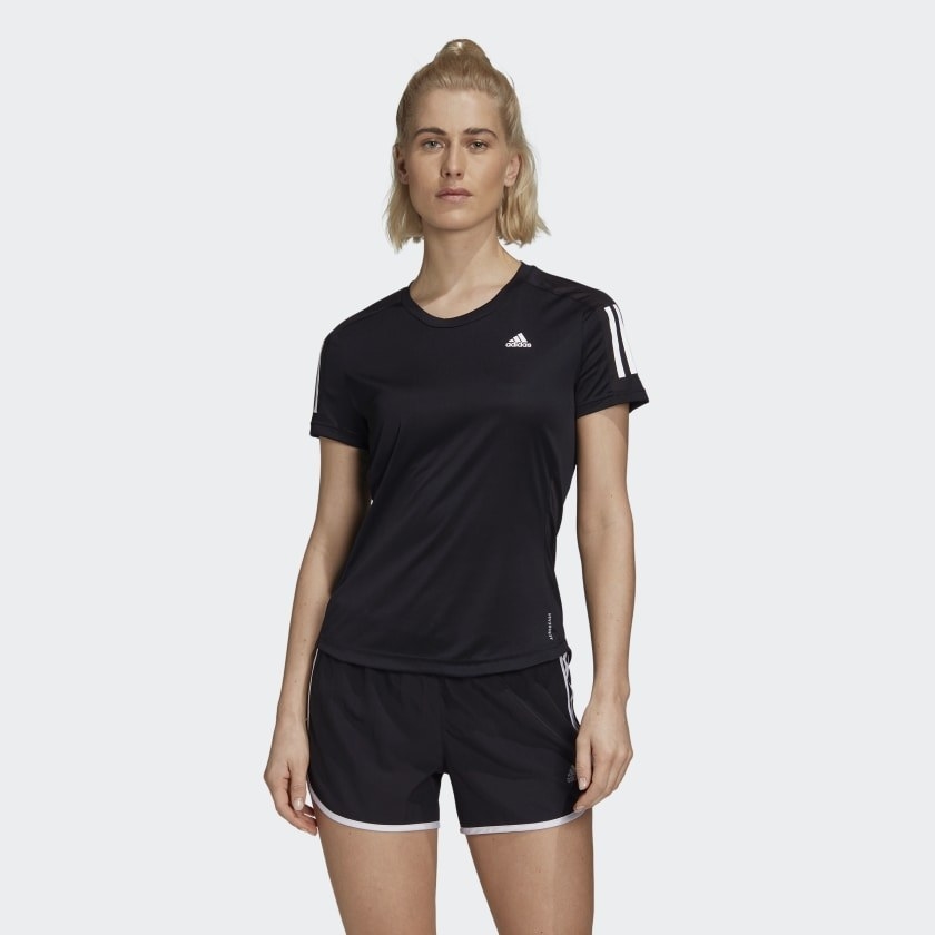 a model in a black running tee