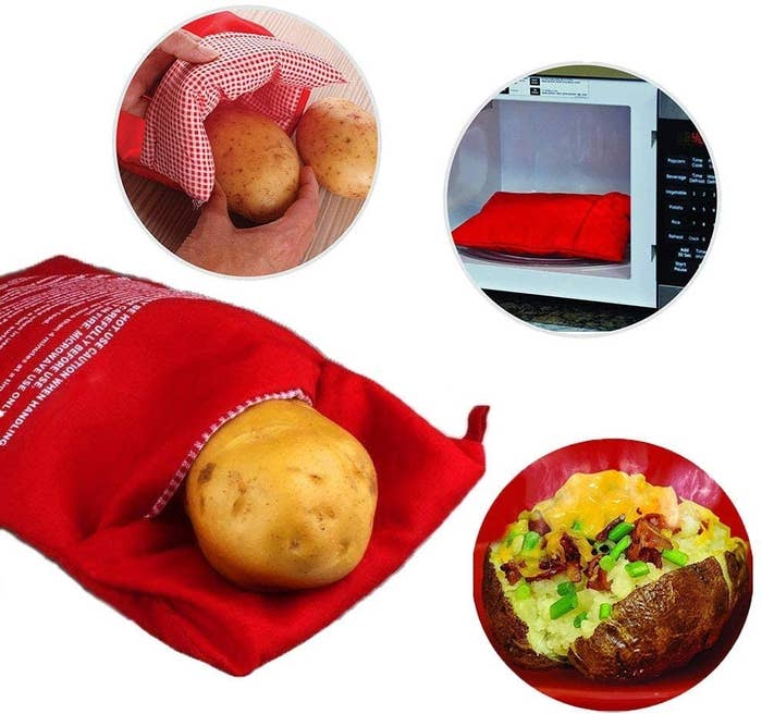 Collage of microwavable potato bag with potato inside, bag placed in a microwave, and a cooked baked potato