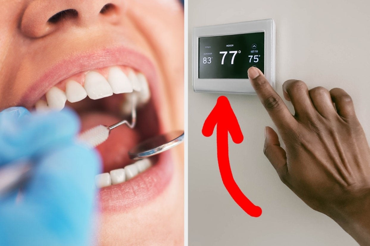 Dentist cleaning teeth and person changing temperature on thermostat 