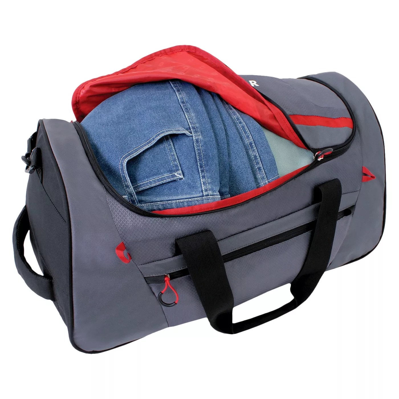 The gray and red SWISSGEAR duffel bag