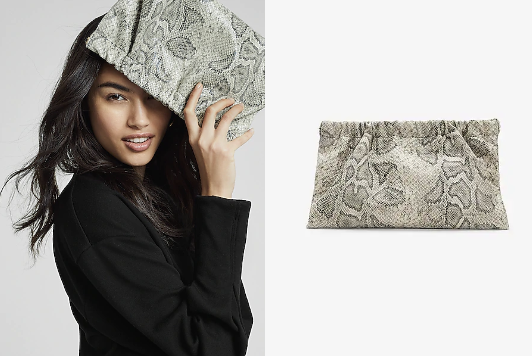 model holds clutch in snake print, next to image of snake print clutch