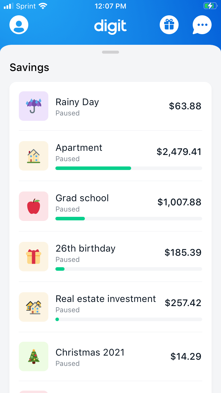 Screenshot from the app showing money saved in different categories, including Christmas 2021 and grad school