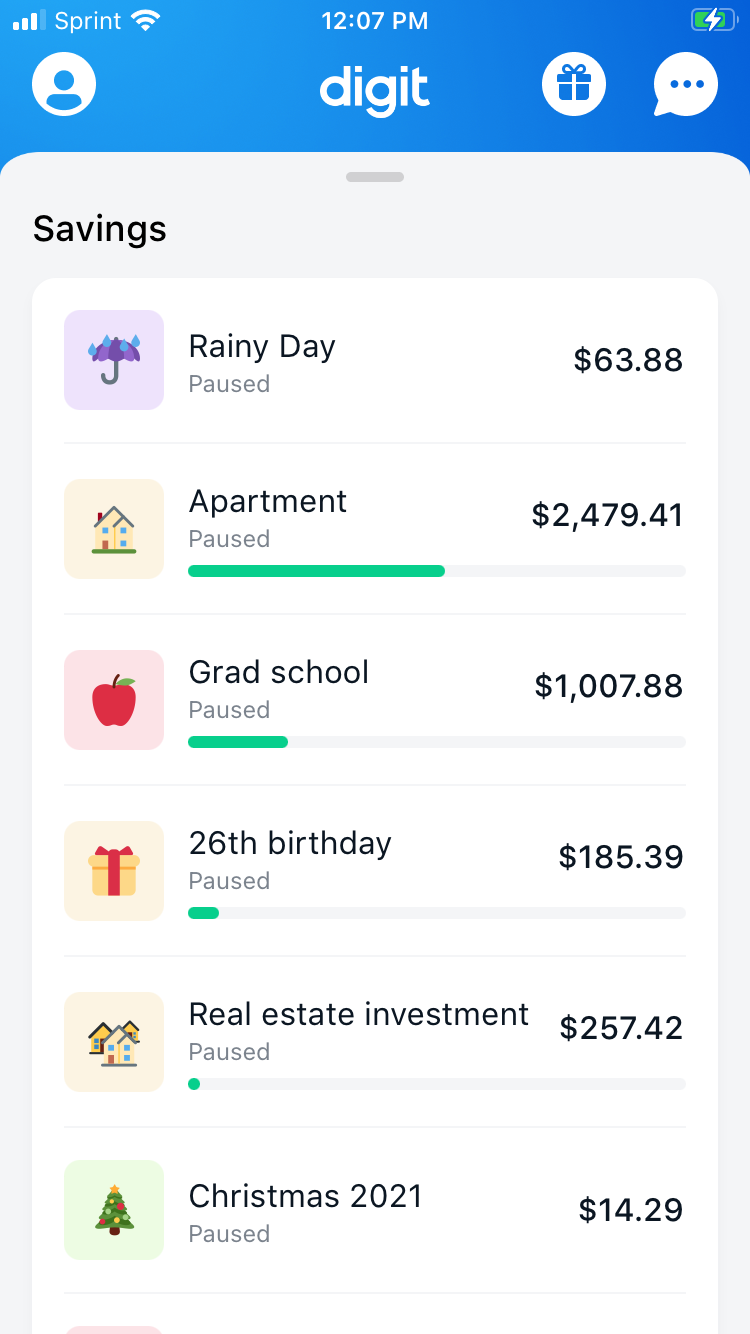 Screenshot from the app showing money saved in different categories including Christmas 2021 and grad school