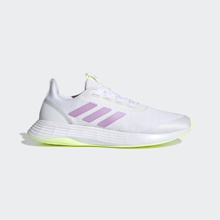 A pair of purple, white and yellow sneakers