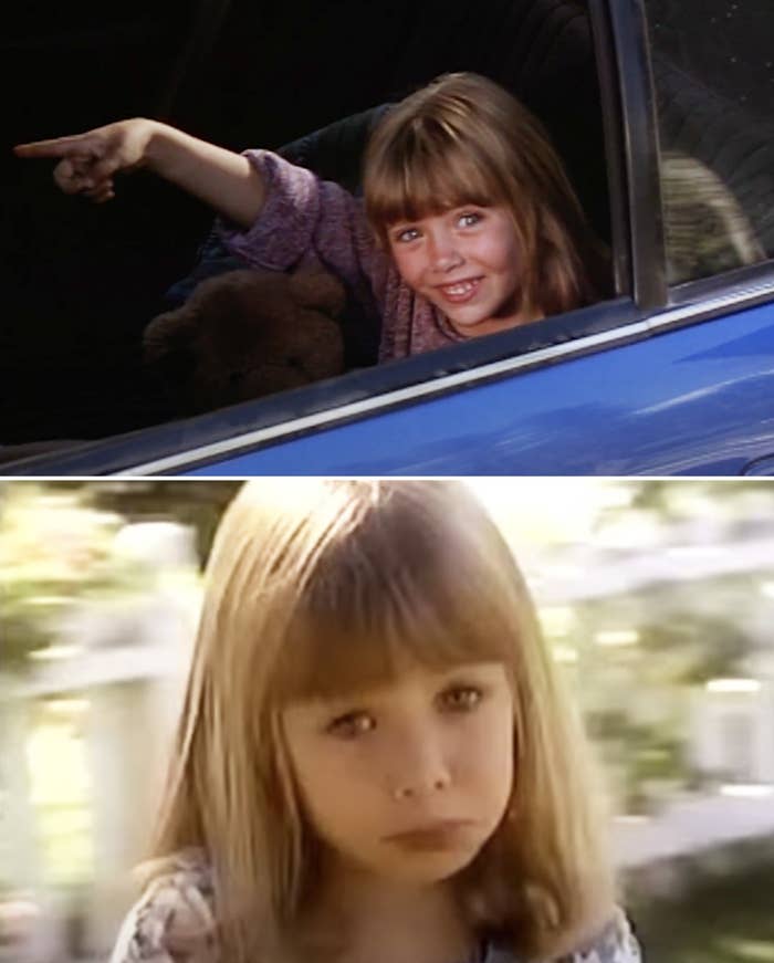 Elizabeth Olsen in 1994 sitting in a car and pointing and then Elizabeth giving a sad puppy dog face to the camera