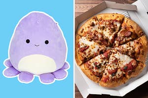 On the left, Violet the octopus Squishmallow, and on the right, a pepperoni pizza in a box
