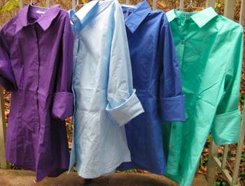 A  reviewer's shirts hanging in multiple colors