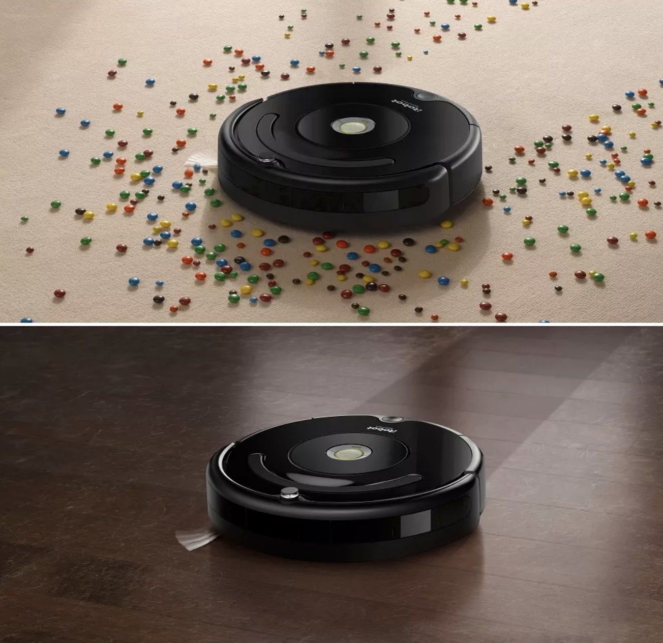 The robot vacuum cleaning spills off of carpet and hardwood 