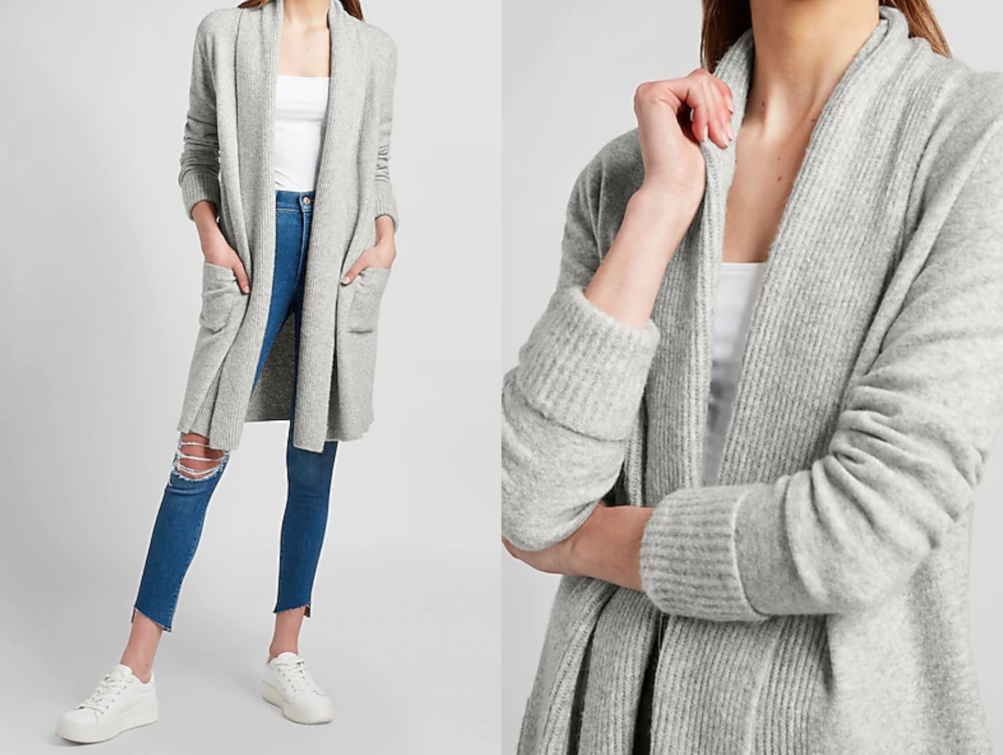 model wearing the ribbed shawl cardigan in gray with their hands int he pockets, then a close-up on the ribbed detail