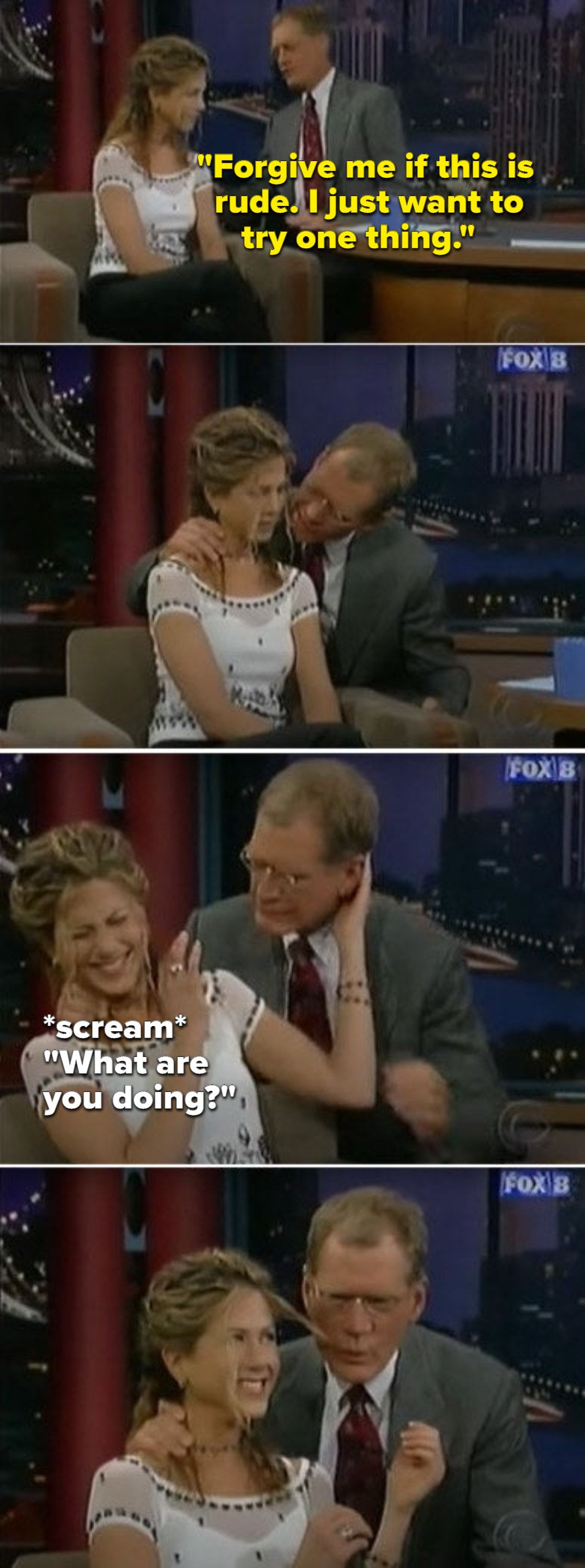 David Letterman sucking on Jennifer Aniston&#x27;s hair