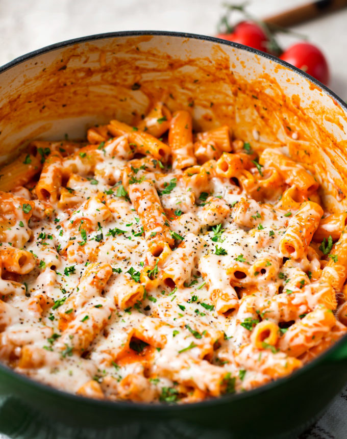 Parmesan chicken pasta topped with lots of cheese