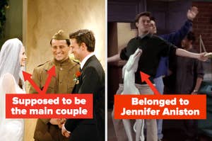 Joey and Monica labeled "supposed to be the main couple" on Friends and Chandler rolling in on the dog statue labeled "belonged to Jennifer Aniston"