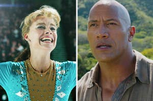 Margot Robbie in "I, Tonya" side by side with Dwayne Johnson in "Jumanji: Welcome to the Jungle"